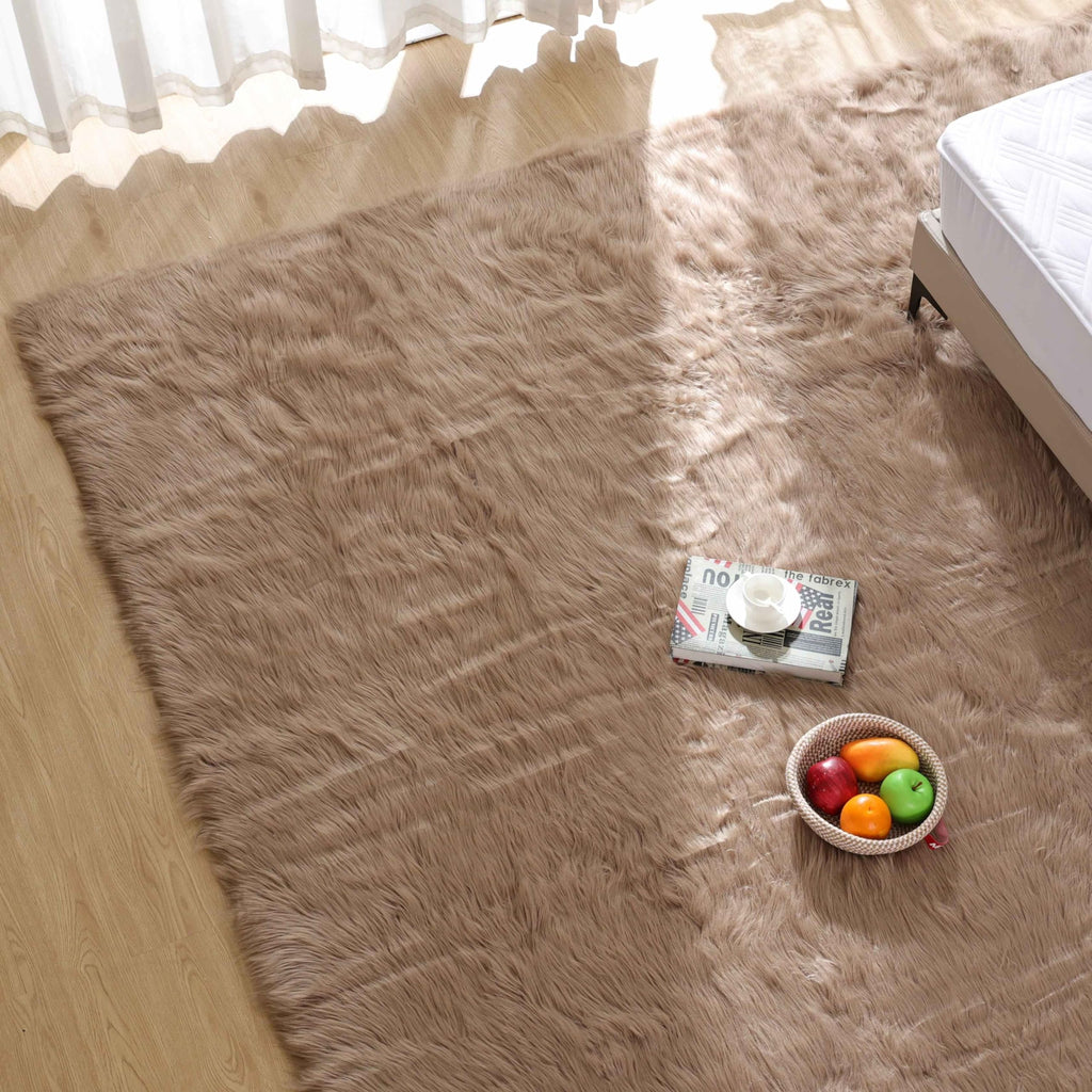 Goolela Sheepskin Area Rug 9x12 - Light Brown Beige - Fluffy Fuzzy Furry Carpet for Living Room Bedroom Faux Fur Rectangle