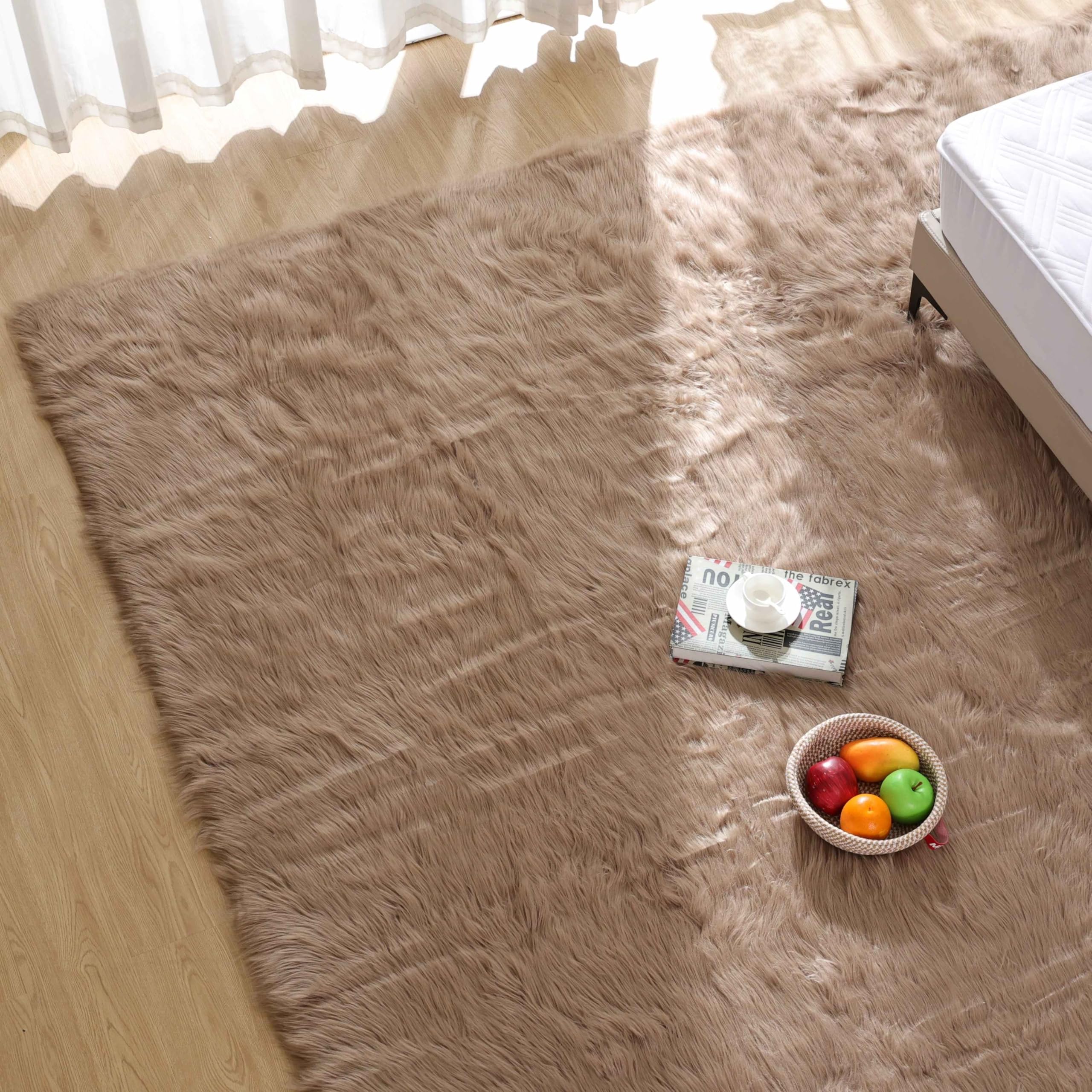 Goolela Sheepskin Area Rug 9x12 - Light Brown Beige - Fluffy Fuzzy Furry Carpet for Living Room Bedroom Faux Fur Rectangle