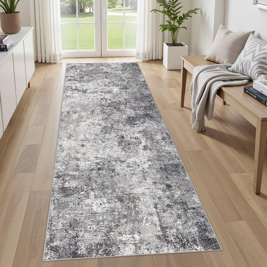 UERMEI 3x8 Washable Runner Rug for Hallway, Non Slip Low Pile Kitchen Carpet, Neutral Modern Abstract Indoor Floor Mat for Entryway Laundry, Kid & Pet Safe High Traffic Area, Grey