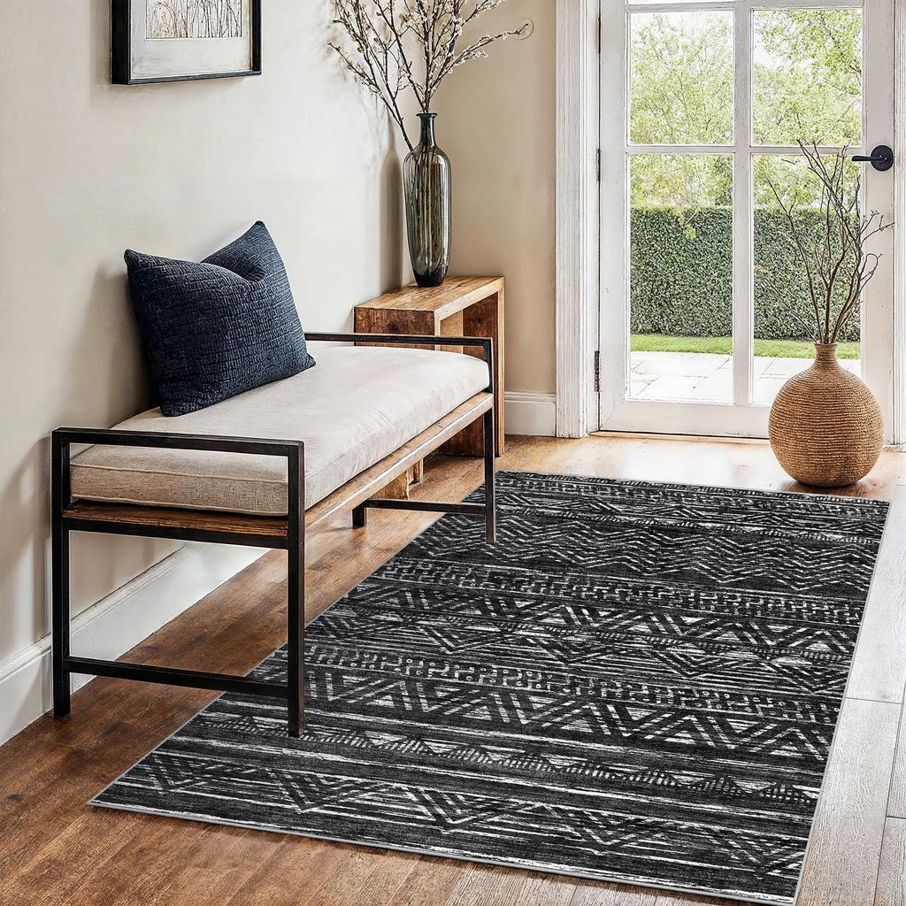 3x4 Area Rug Washable Moroccan: Non Slip Entryway Floor Mat Black