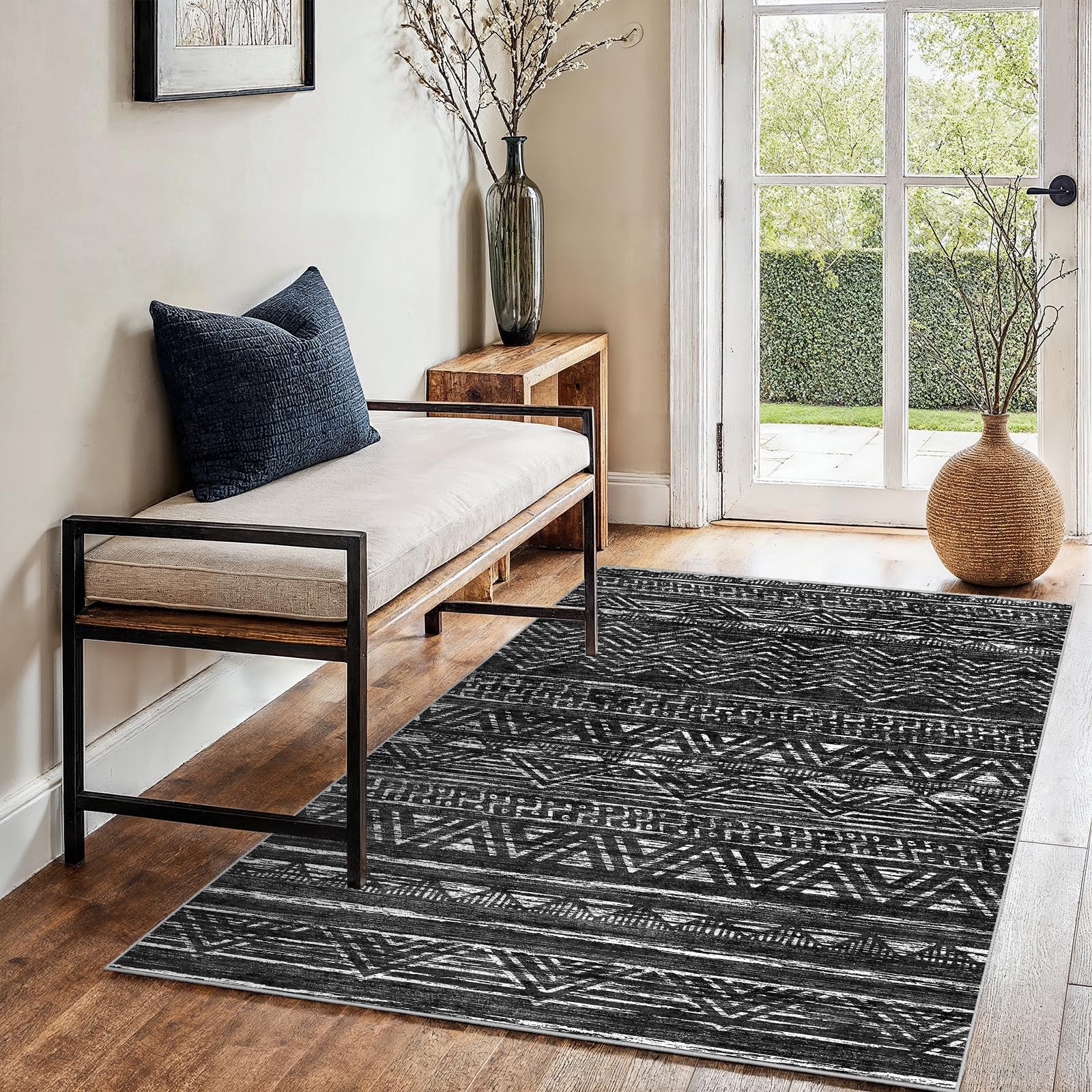 3x4 Area Rug Washable Moroccan: Non Slip Entryway Floor Mat Black