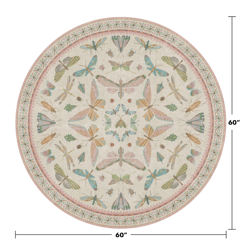 Insect Pink and Blue 5ft Round Area Rug for Living Room - Washable Floral Fun Boho Rugs for Playroom, Girls Bedroom Décor with Butterfly Pattern - Low Pile Soft Circle Carpet