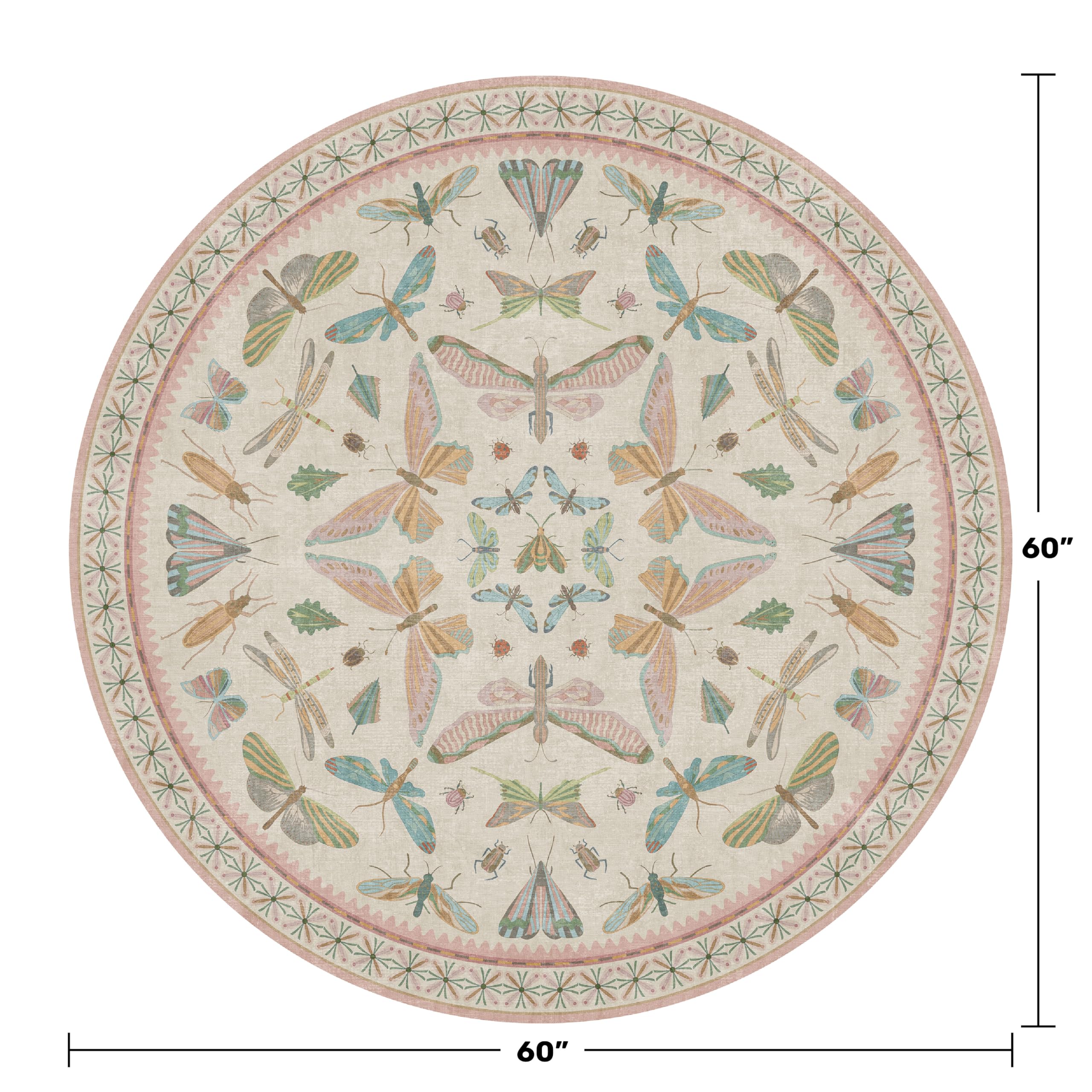 Insect Pink and Blue 5ft Round Area Rug for Living Room - Washable Floral Fun Boho Rugs for Playroom, Girls Bedroom Décor with Butterfly Pattern - Low Pile Soft Circle Carpet