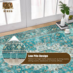 Washable Area Rug 9' x 12' Vintage Traditional Persian Mat - Foldable Distressed Non-Slip Machine Washable Carpet for Living Room Bedroom Kitchen Home Decor - Teal and Gold