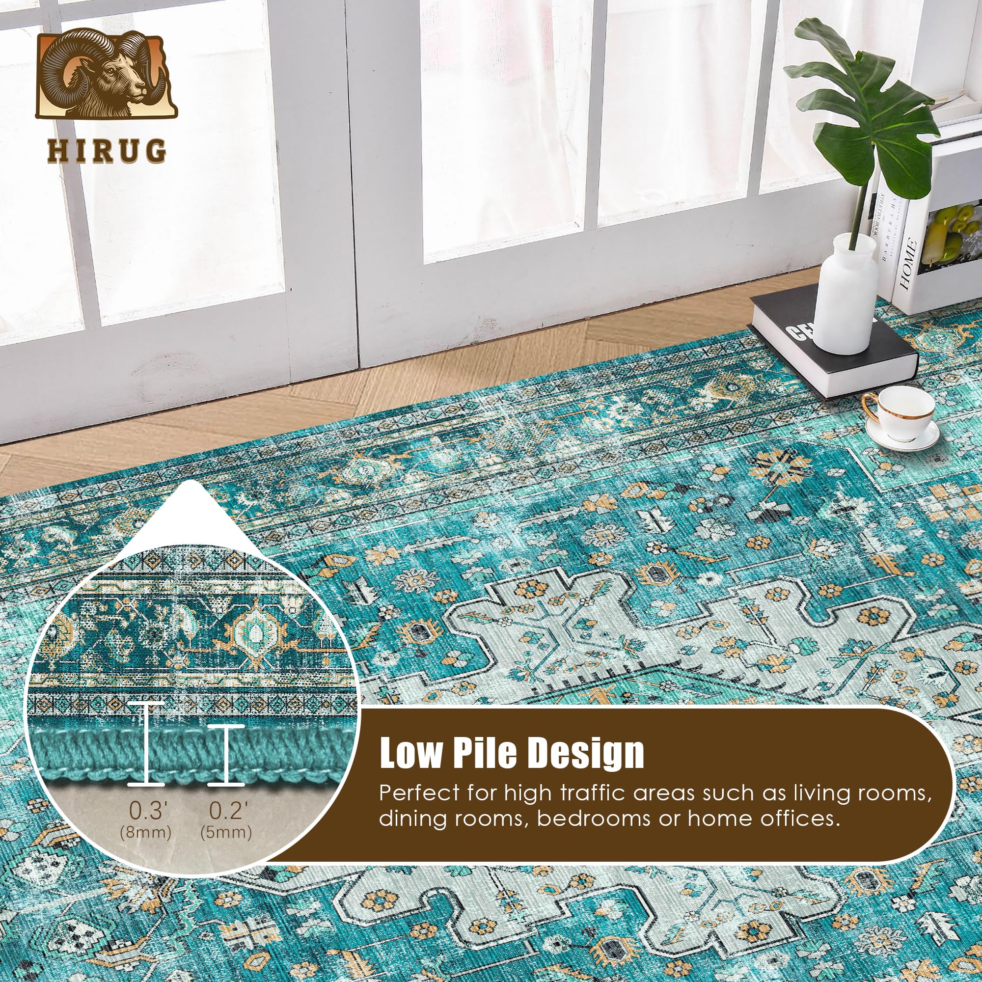 Washable Area Rug 9' x 12' Vintage Traditional Persian Mat - Foldable Distressed Non-Slip Machine Washable Carpet for Living Room Bedroom Kitchen Home Decor - Teal and Gold