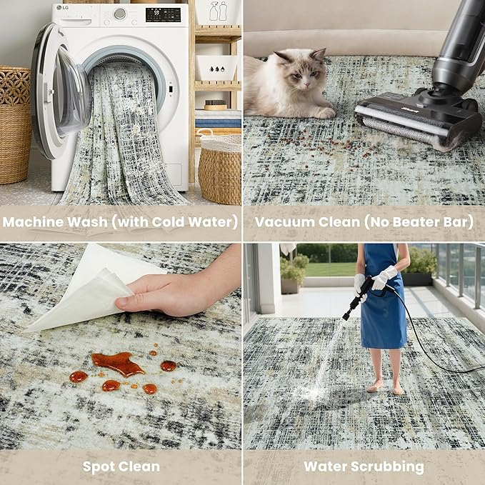 5x7 Washable Area Rug for Living Room Bedroom: Non-Slip Modern Black Gray