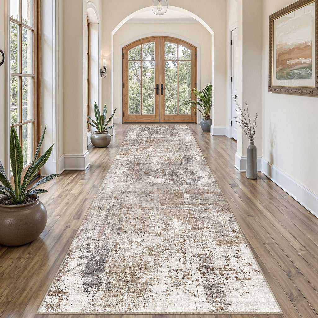 UERMEI 3x12 Washable Runner Rug for Hallway, Non Slip Low Pile Kitchen Carpet, Neutral Modern Abstract Indoor Floor Mat for Entryway Laundry, Kid & Pet Safe High Traffic Area, Brown/Grey/Red