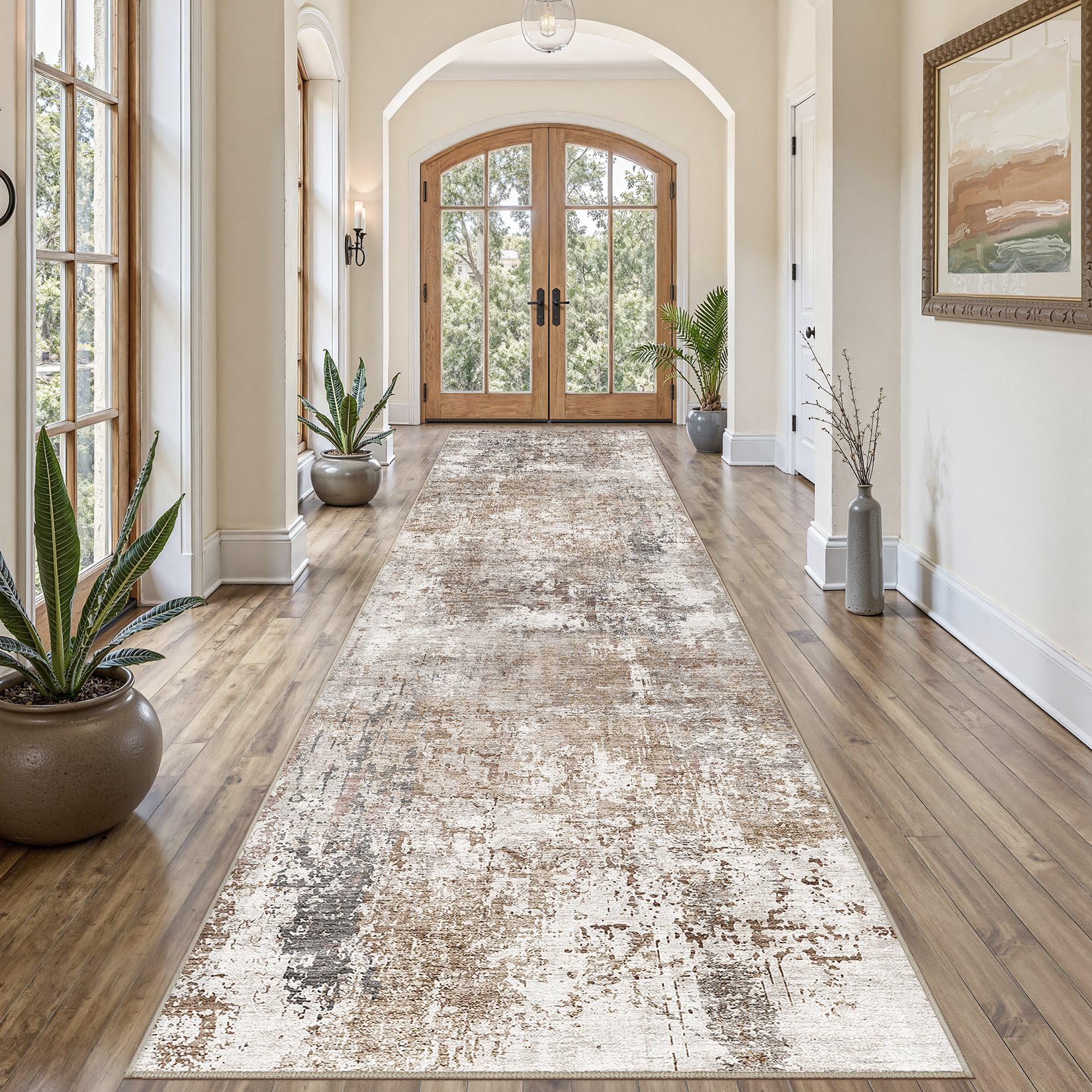 UERMEI 3x12 Washable Runner Rug for Hallway, Non Slip Low Pile Kitchen Carpet, Neutral Modern Abstract Indoor Floor Mat for Entryway Laundry, Kid & Pet Safe High Traffic Area, Brown/Grey/Red