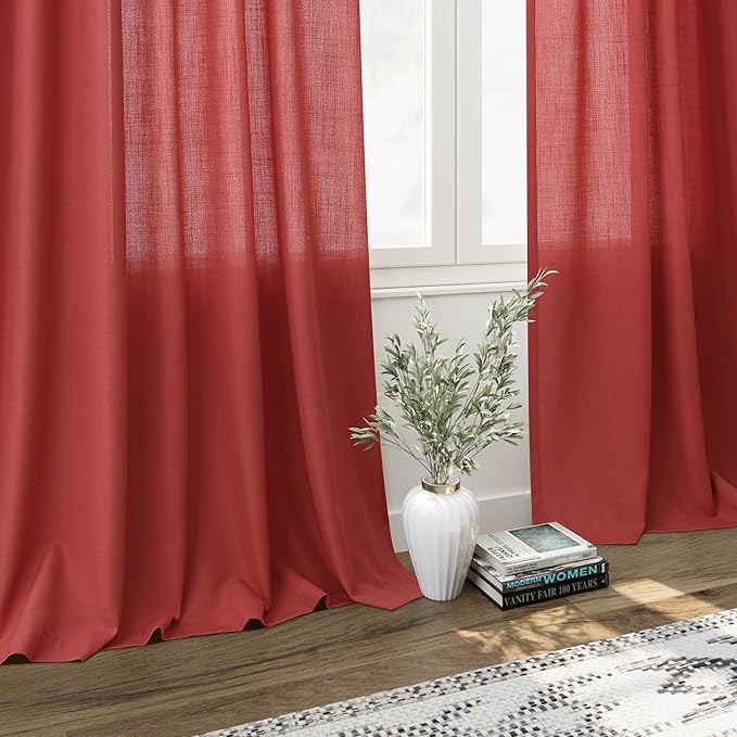 Nanspring Christmas Red Linen Curtains 96 Inches Long for Living Room Light Filtering Semi Sheer Curtain Back Tab Rod Pocket Vintage Rustic Luxury Home Decor Neutral Drapes for Bedroom 52x96, 2 Panels