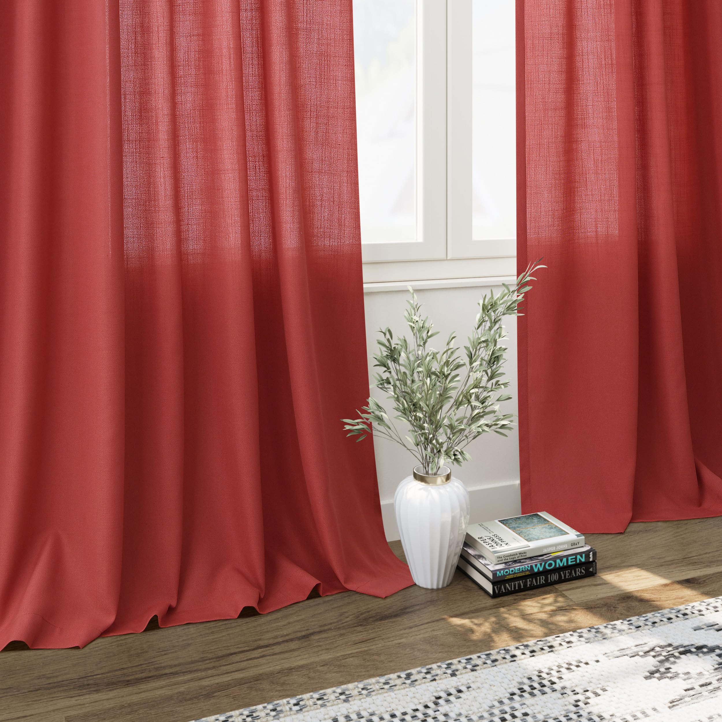 Christmas Red Linen Curtains 108 Inches Long for Living Room Light Filtering Semi Sheer Curtain Back Tab Vintage Neutral Rustic Home Decor Floor to Ceiling High Window for Bedroom 52x108,2 Panels
