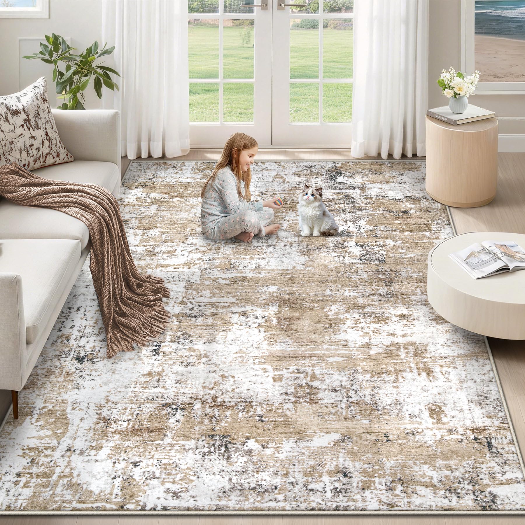 XLUEZ 5x7 Area Rugs for Living Room, Washable Modern Abstract Large Area Rug Neutral Soft Non Slip Kids Rug Stain Resistant Indoor Carpet for Bedroom Nursery Dining Room Playroom(Beige, 5'x7')