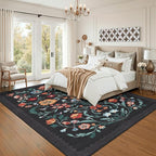 GarveeHome Washable Rug 4x6 Area Rugs for Living Room, Floral Rug for Bedroom, Soft Boho Non Slip Throw Rugs with Rubber Back, Low Pile Stain Resistant Vintage Floral Carpet for Dining Room, Black