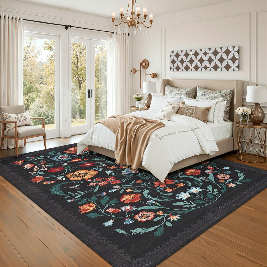 GarveeHome Washable Rug 5x7 Area Rugs for Living Room, Floral Rug for Bedroom, Soft Boho Non Slip Throw Rugs with Rubber Back, Low Pile Stain Resistant Vintage Floral Carpet for Dining Room, Black