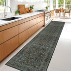 Hazo Haus Washable Dark Green 2x10 Runner Rug for Hallway, Kitchen, 10 ft Non Slip Stain Resistant Extra Long Soft Rugs, Vintage Floral Unique Botanical Floor Mat