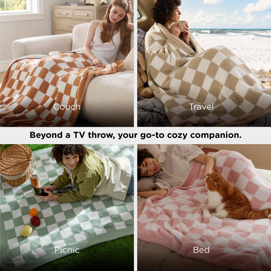 Bedsure Beige Fall Throw Blanket for Couch, Cozy Soft Checkered Blanket, Lightweight Warm Knit Fluffy Throw Blankets for Bed Sofa, Camping, Picnic, Travel, Gifts for Women Men, 50x60 Inches