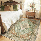 Area Rugs 4'x5' Washable Non-Slip, Floral Vintage Distress Print Pattern Medallion Carpet for Living Room Bedroom Dining Room, Brick Red Rust Neutral Brown Burnt Orange Green