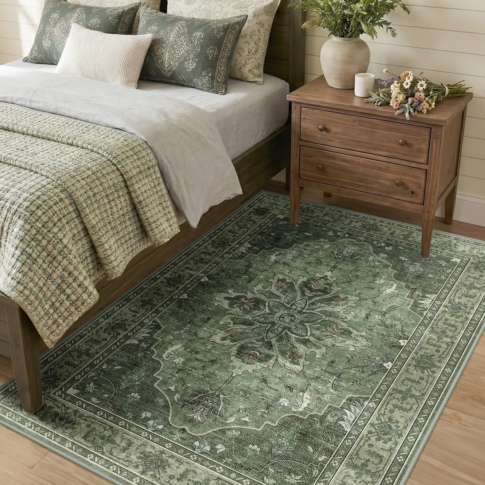 RELEANY Washable Area Rug, 4'x6', Green/Dark Green/Gray