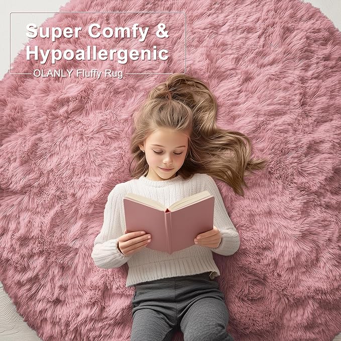 OLANLY Pale Pink Round Rugs for Bedroom - Machine Washable, 9 ft Circle Area Rugs for Living Room, Soft and Fluffy Shaggy Carpet for Teen Girls and Boys, Nursery Rooms, Dorms, Home Decor Aesthetic