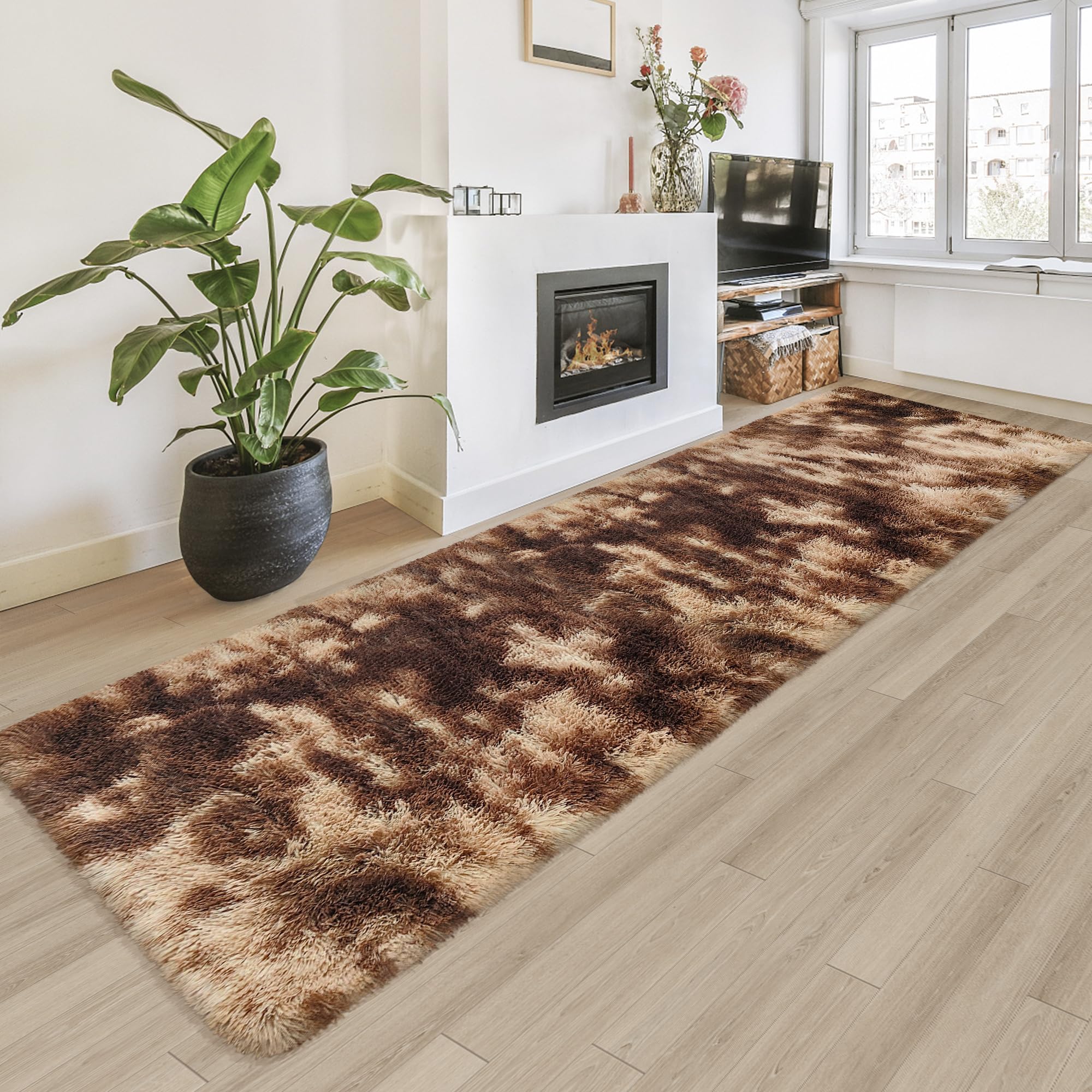 JiaoBaba Super Soft Fluffy Living Room Area Rug 2x8 ft Tie-Dyed Brown Shaggy Furry Carpet Washable Non-Slip Floor Rugs Bedroom Bedside Nursery Rug Fuzzy Girls Boy Dorm Home Decor Aesthetic