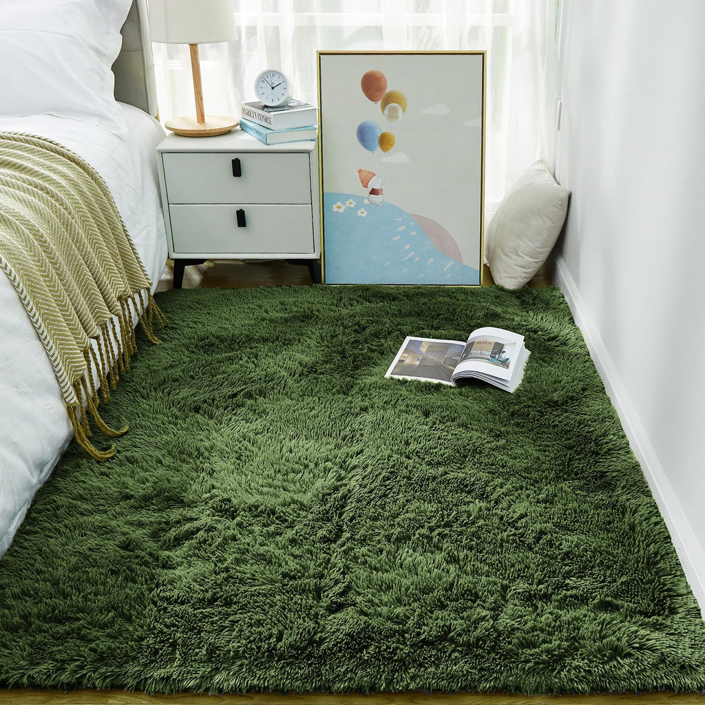 Ophanie Green Grass Area Rugs for Bedroom, 3x5 Shag Fluffy Carpet, Fuzzy Furry Plush Soft Cute Kids Baby Girls Shaggy Bedside Floor Rug for Teen Nursery Decor Aesthetic with Over 99 pcs Pile fibers