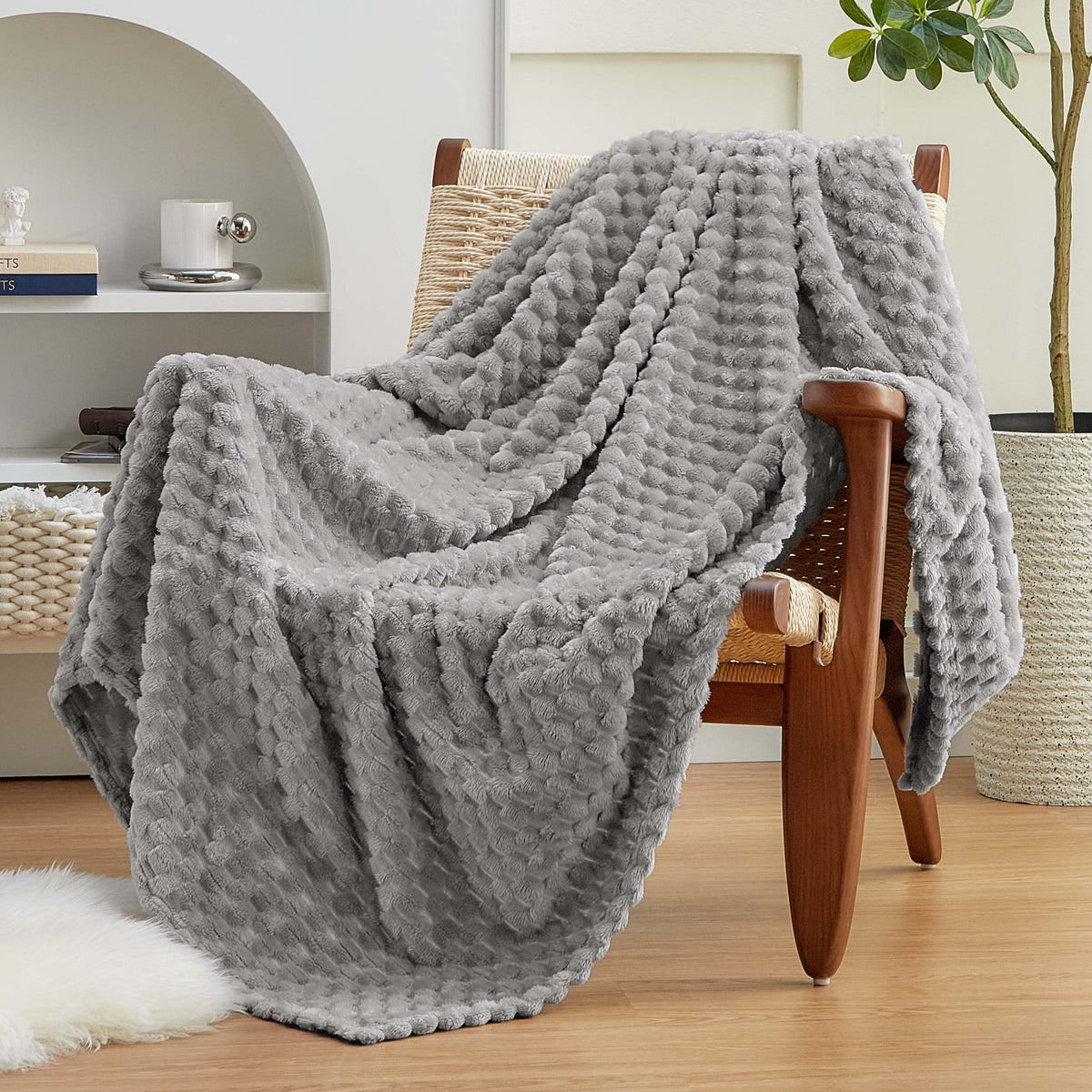 EXQ Home Blue Fleece Throw Blanket for Couch or Bed Waffle Pattern Decor