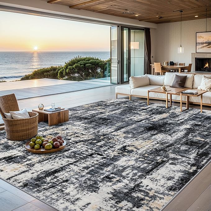 PLHXFR Area Rug Living Room: 4x6 Abstract Washable Carpet Black Gold