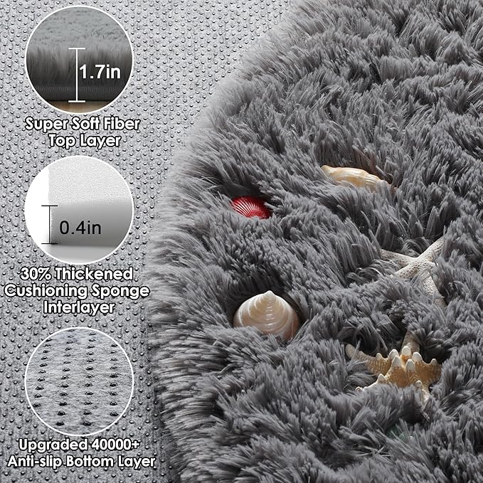 ONASAR Grey Round Rugs 7ft for Living Room, Fluffy Bedroom Circle Area Rug, Soft Plush Shaggy Carpet for Kids Girls Boys Teen Nursery Dorm Classroom Playroom Home Decor Aesthetic