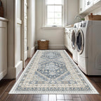 Restydon 3x8 Runner Rug Non Slip Washable Rugs for Entryway, Blue/Beige