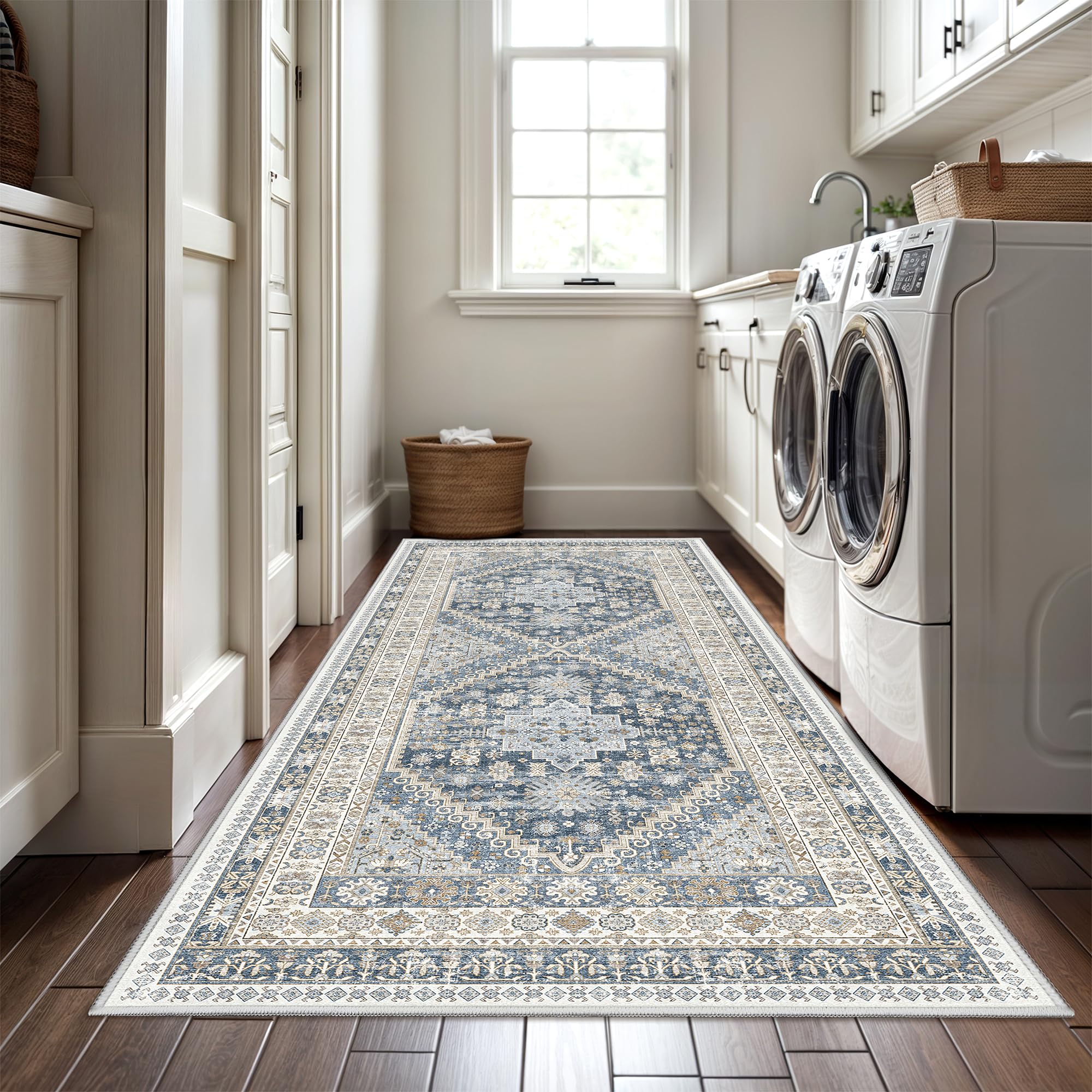 Restydon 3x8 Runner Rug Non Slip Washable Rugs for Entryway, Blue/Beige