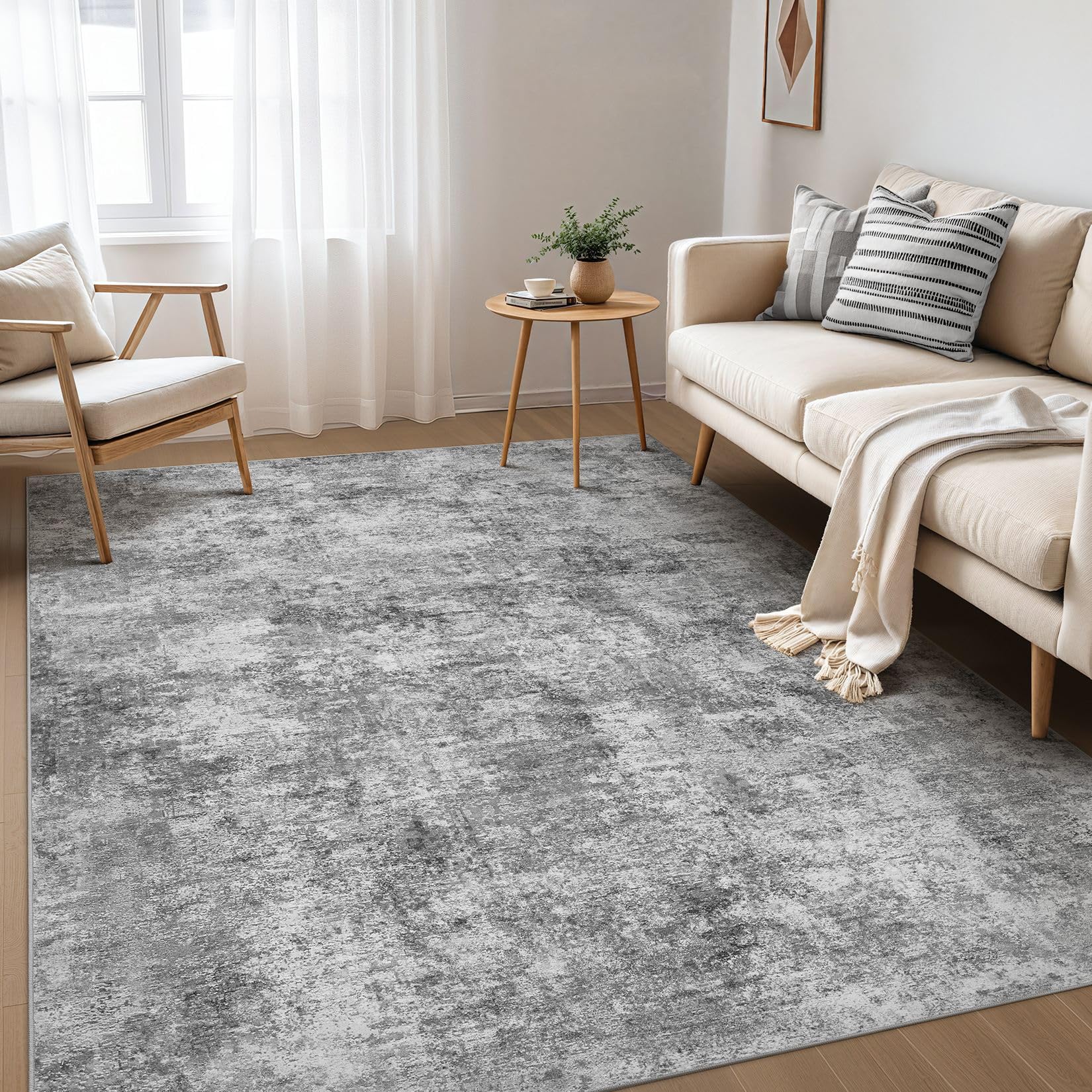 Nakagishi 7x9 Area Rugs Living Room: Washable Abstract Large Neutral Soft Rug Stain Resistant Modern Indoor Floor Non-Slip Carpet for Bedroom Nursery Kids Playroom Office Dining Room Dorm- Grey