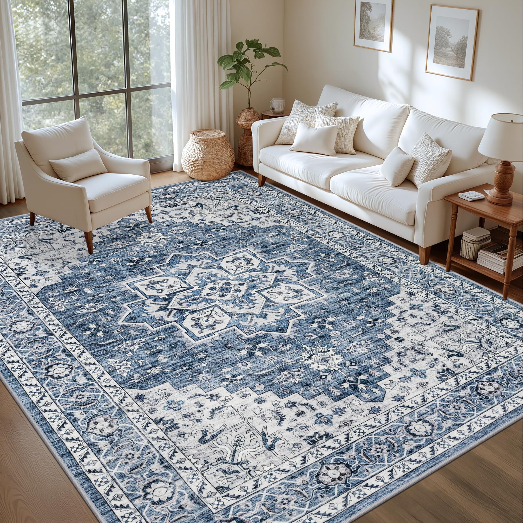 ExpediX 4x6 Area Rugs Living Room: Washable Vintage Rug for Bedroom Blue