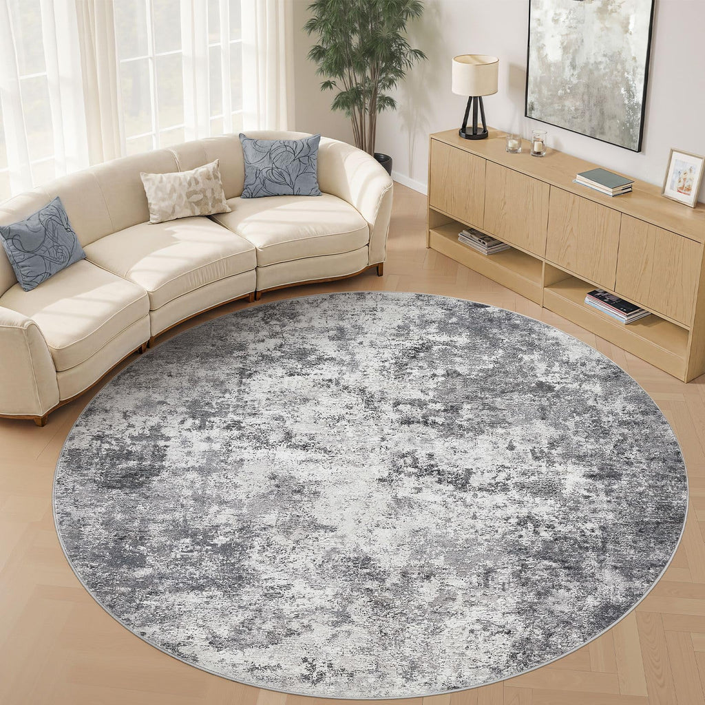 UERMEI 10ft Round Area Rug Living Room Rugs - 10x10 Washable Large Neutral Modern Abstract Soft Thin Rug Indoor Floor No Slip Rug Carpet for Bedroom Under Dining Table Home Office Decor - Grey