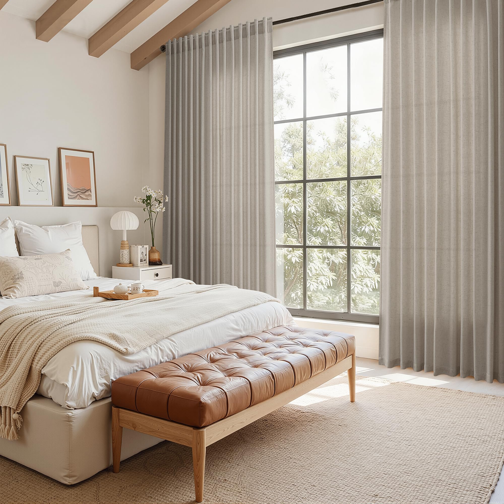 Nanspring Grey Beige Linen Curtains 84 Inches Long for Living Room Light Filtering Semi Sheer Curtain Back Tab Simple Modern Elegant Neutral Luxury Boho Gray Drapes for Bedroom 52x84, 2 Panels