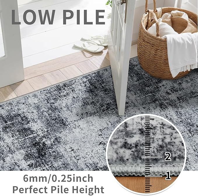 2x5 Washable Runner Rug for Hallway: Non Slip Entryway Runners Rugs Easy-to-Clean - Soft Living Room Bedroom Carpet - Thin Low Pile Floor Mat for Dining Room Black Grey
