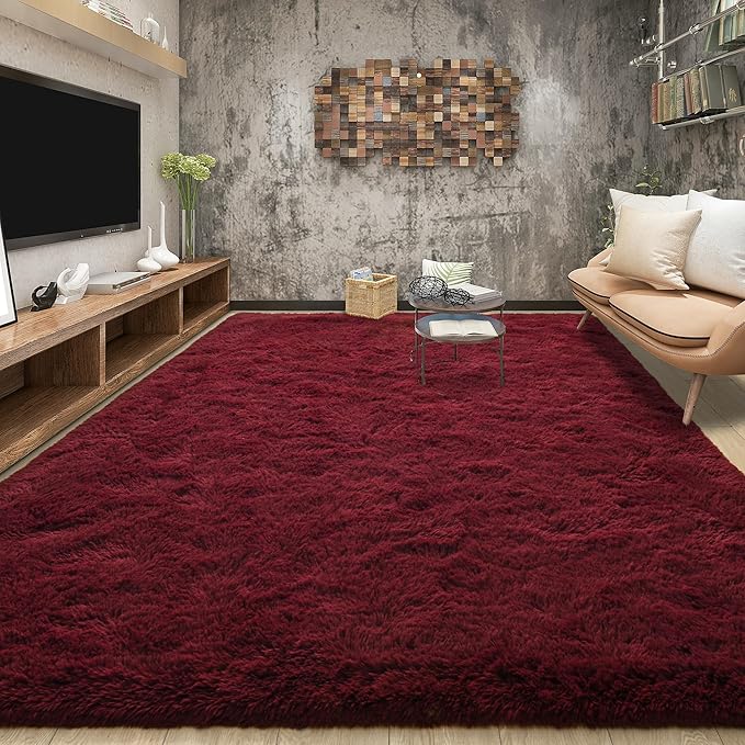 Tepook Fluffy Burgundy Rugs for Living Room, 6x9 Dark Red Area Rug for Bedroom, Soft Shaggy Plush Floor Carpet for Kids Girls Boys Room, Indoor Non Slip and Washable Carpets for Nursery Home Decor