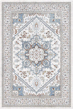 OPPODREAM Soft Neutral Area Rugs 4x6, Low-Pile Washable Rugs 4x6 with Non Slip Backing, Faux Cashmere 4 x 6 Throw Carpet, Cream White & Blue & Light Brown