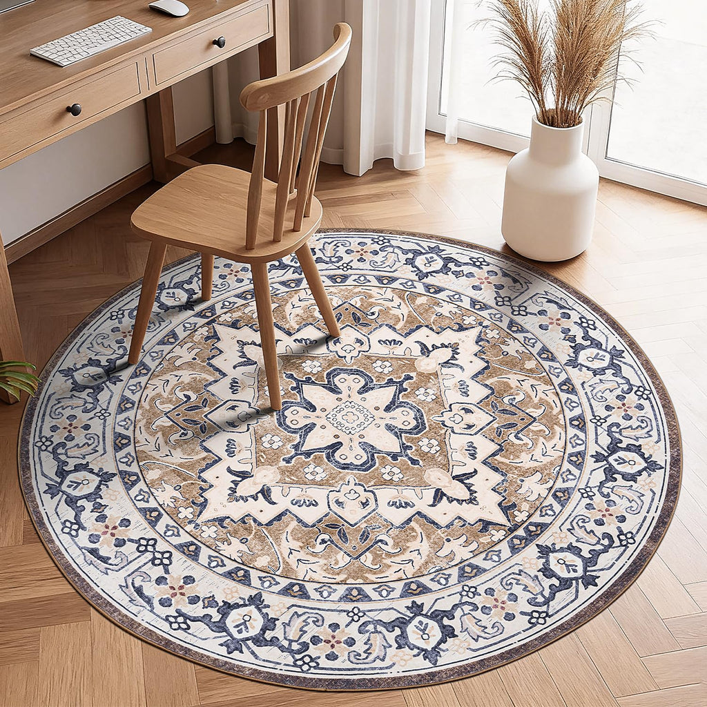 Lofus 4ft Round Area Rugs for Living Room, Vintage Boho Carpet Floral Brown