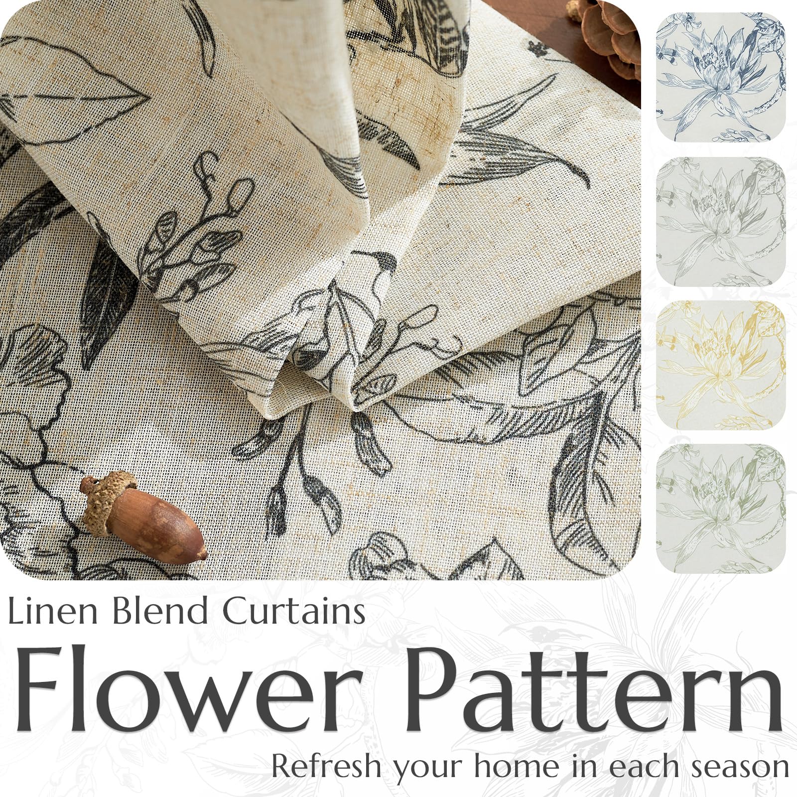 jinchan Black Floral Linen Curtains 108 Inch Farmhouse Rod Pocket 2 Panels