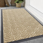 Smiry Front Door Mat Outside Entrance, Heavy Duty Sturdy Natural Rubber Doormat, Trap Dirt and Moisture, Easy Clean Low Profile Mats for Indoor Outdoor Entry, Grid Geometric (47x32, Beige)