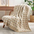 Snuggle Sac Throw Blanket for Couch, Reversible Super Soft Warm Blankets Cozy Knit Fuzzy Plush Lightweight Throws for Sofa, Bed, Camping,Houndstooth Beige,50x60 inches