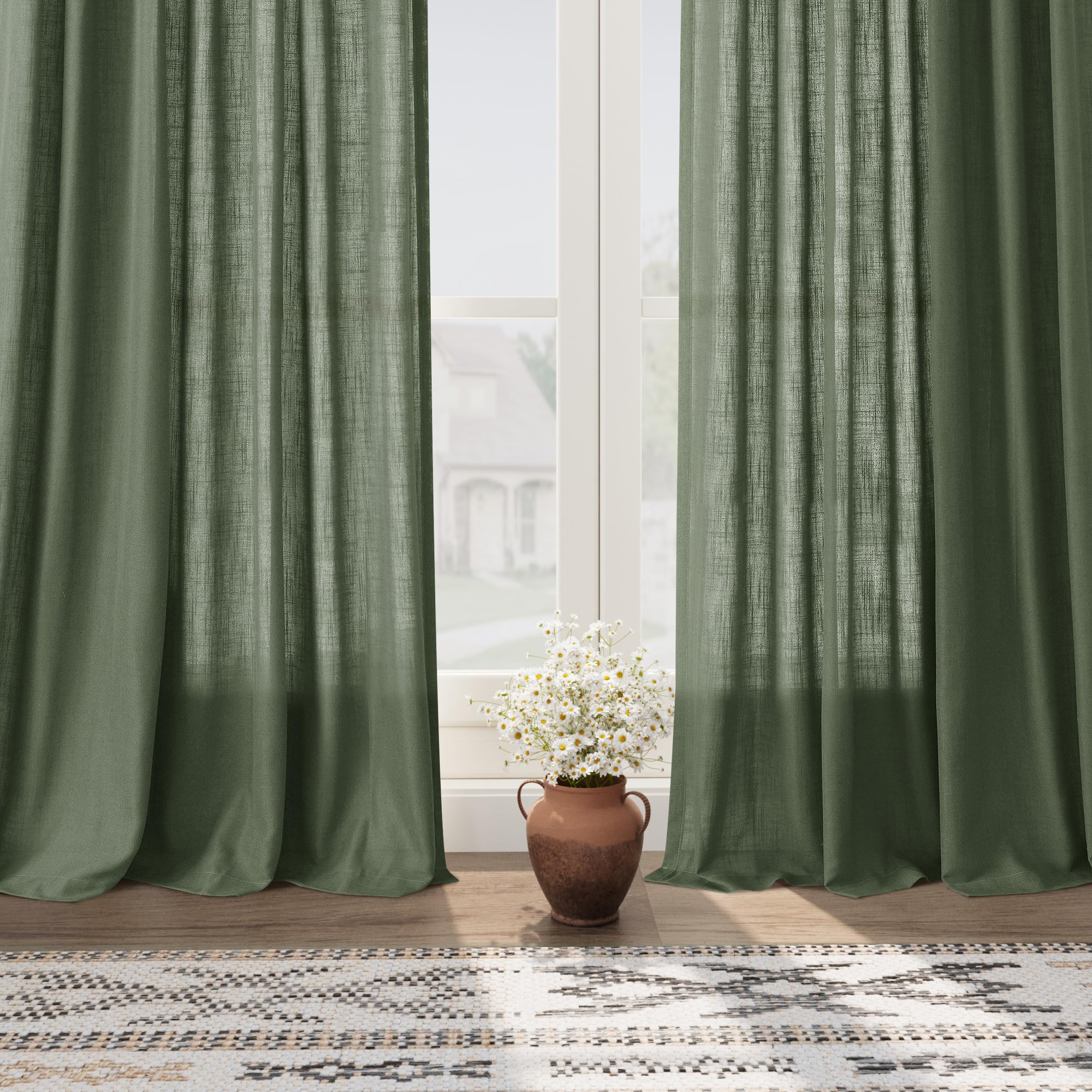 Nanspring Olive Green Linen Curtains 63 Inches Length 2 Panels Set for Living Room Back Tab Pocket Aesthetic Neutral Light Filtering Semi Sheer Drapes Cotton Linen Textured Curtain 52X63 Inches