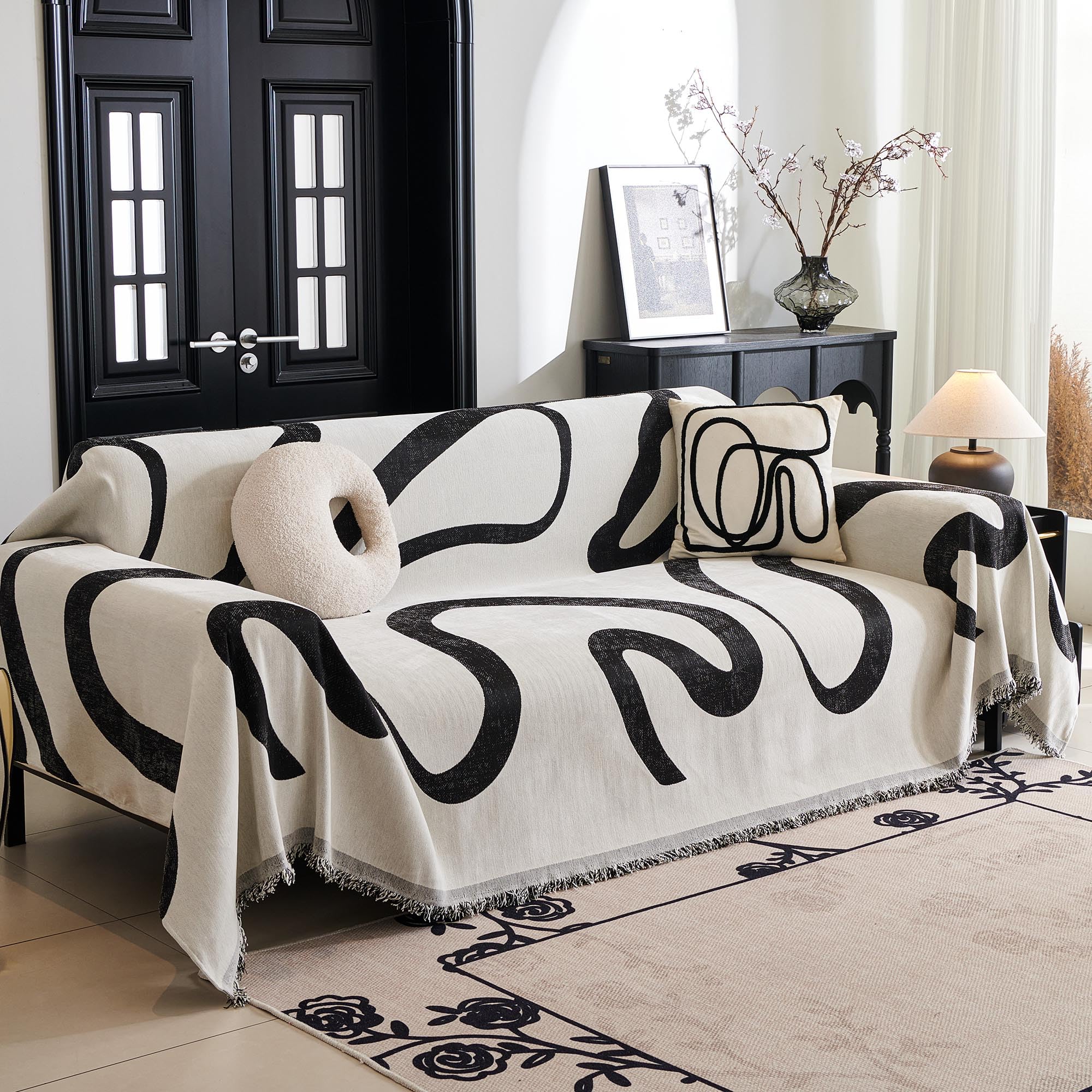 MYSKY HOME Boho Couch Cover Super Soft Couch Covers for 2-3 Cushion Couch Sofa, Modern Black Jacquard Sofa Slipcover Loveseat Futon Cover, Couch Covers for Sectional Sofa, 71" x 102", Black Curve