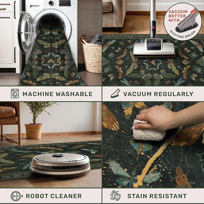 Dark Green 2'6"x12' Long Runner Rugs for Hallway - Boho Wide Washable Non Slip Rug for Indoor Entryway, Kitchen, Low Pile Vintage Whimsical Insect Moth Design, Stain Resistant Ultra Soft Carpet