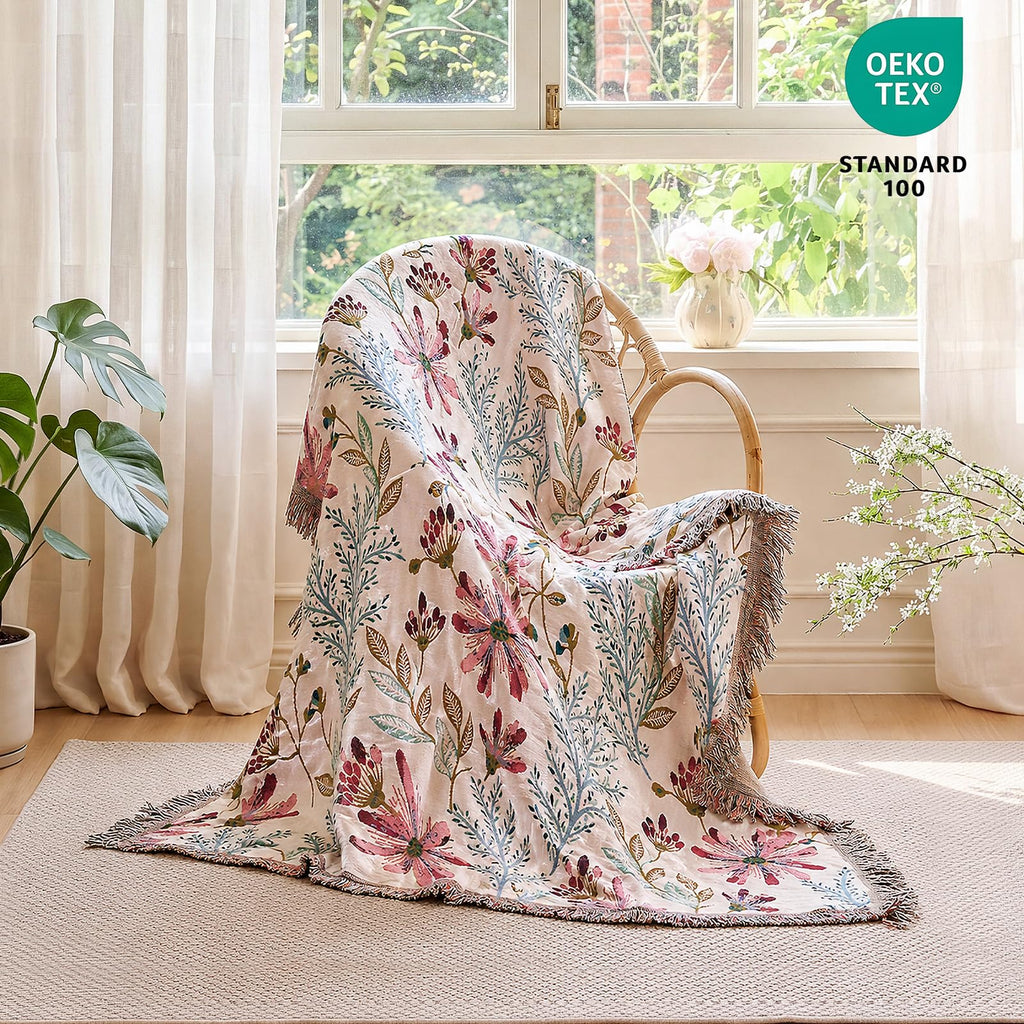 MSGKV Boho Throw Blanket 50"x60" 100% Cotton Floral Throw for Couch Sofa