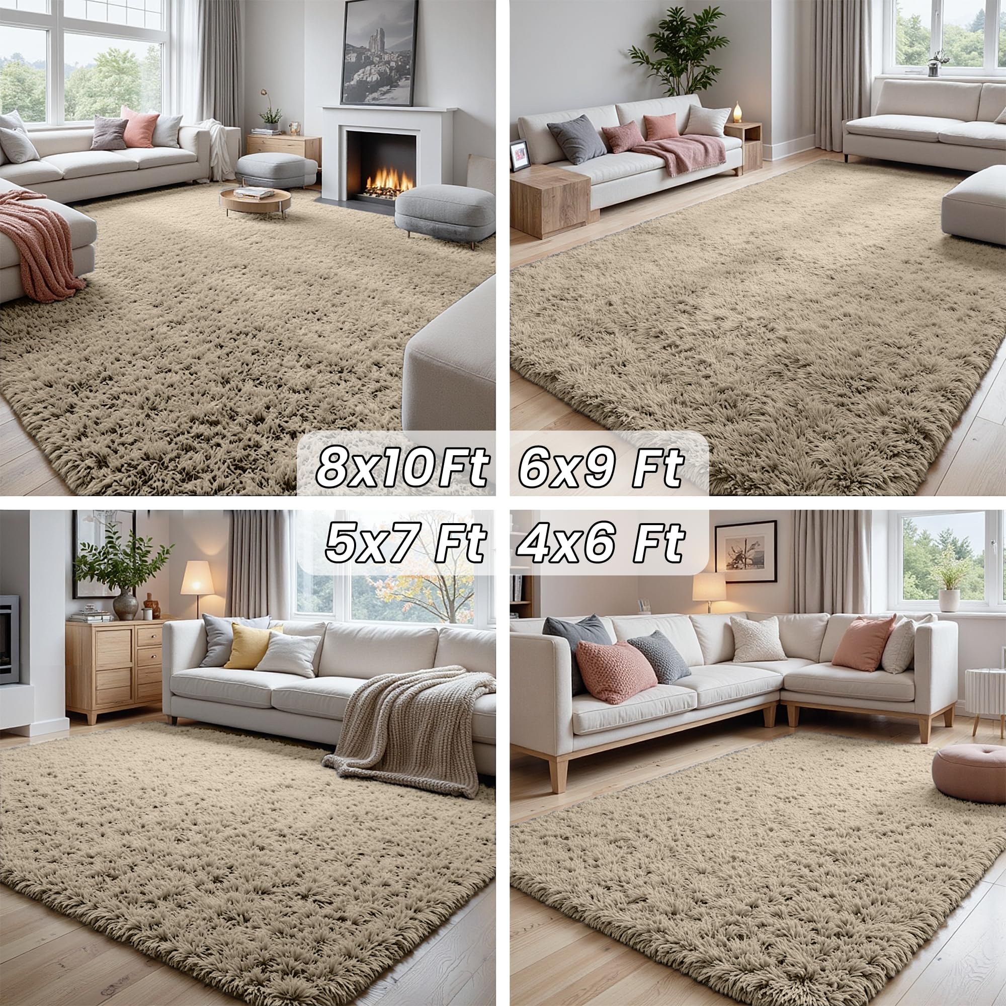 6x9 Fluffy Shag Area Rugs for Living Room Bedroom: Soft Carpet Gray Camel