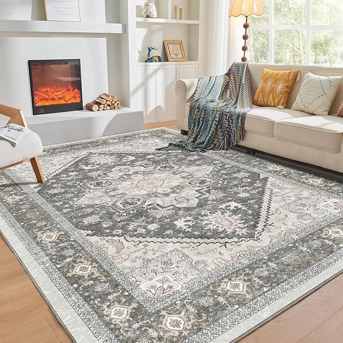 OPPODREAM Soft Area Rugs 5x7, 5x7 Washable Rug with Non Slip Backing, 5 x 7 Faux Cashmere Low-Pile Carpet, Greenish Grey