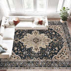 Area Rug 8x10 Vintage Rugs: Large Washable Living Room Rug Retro Medallion Distressed Soft Low Pile Non-Slip Indoor Floor Carpet for Bedroom Kitchen Nursery Dining Office (BeigeBlack, 8'x10')