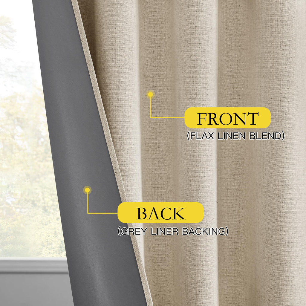 NICETOWN Cream 100% Blackout Short Curtains 63 inches Lenghth Burg for Kitchen, 2 Panels, Burlap Linen Drapes with Thermal Insulated Grey Liner, Keeping Out Cold Air and Heat Panels