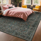 8x12 Area Rug for Living Room - Large Washable Rugs for Bedroom, Dining Room Under Table, Ultra Soft Low Pile Non-Slip Stain Resistant Carpet - Dark Green Vintage Floral Décor