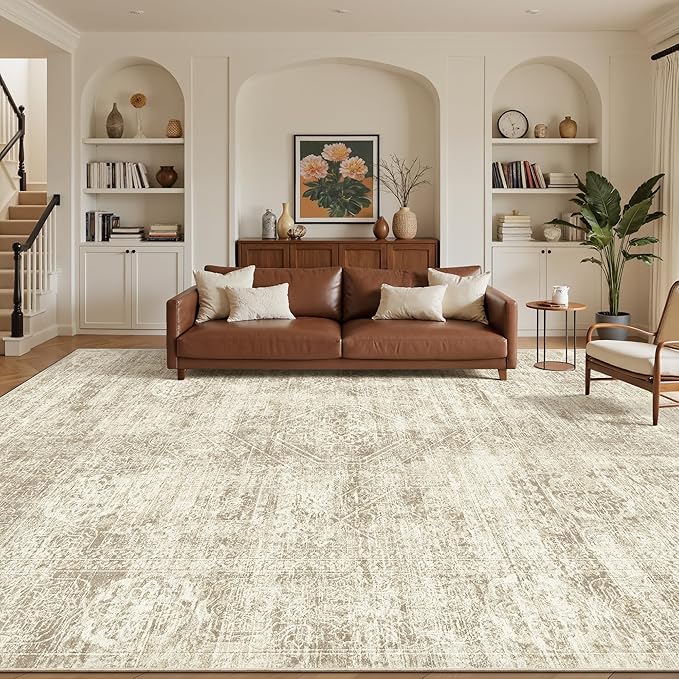 Madane 8x10 Area Rugs for Living Room, Machine Washable Vintage Beige Rug with Non-Slip Backing, Soft Throw Large Rug, Thin Carpet for Bedroom Dining Room Farmhouse Under Table